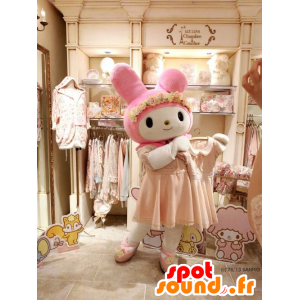 Mascote coelho rosa e branco vestida em um vestido - MASFR28360 - Yuru-Chara Mascotes japoneses