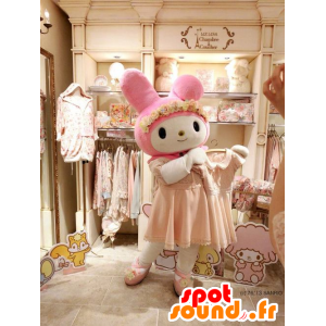Mascotte Rosa e coniglio bianco vestito di una veste - MASFR28360 - Yuru-Chara mascotte giapponese