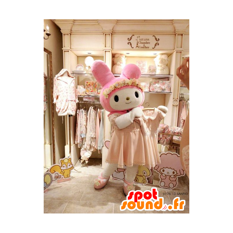 Mascote coelho rosa e branco vestida em um vestido - MASFR28360 - Yuru-Chara Mascotes japoneses