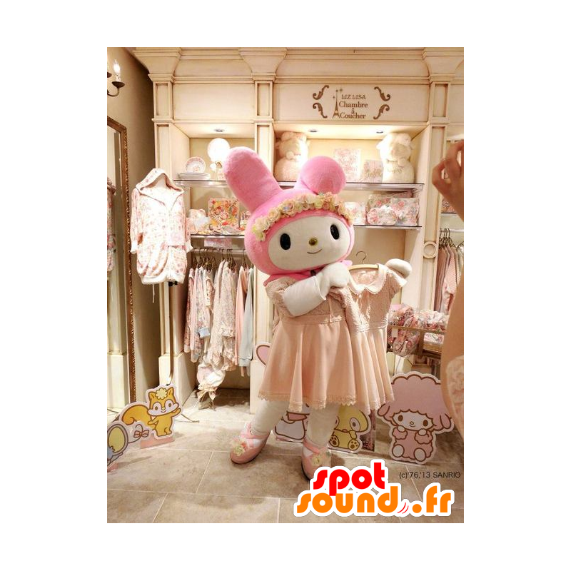 Mascotte Rosa e coniglio bianco vestito di una veste - MASFR28360 - Yuru-Chara mascotte giapponese