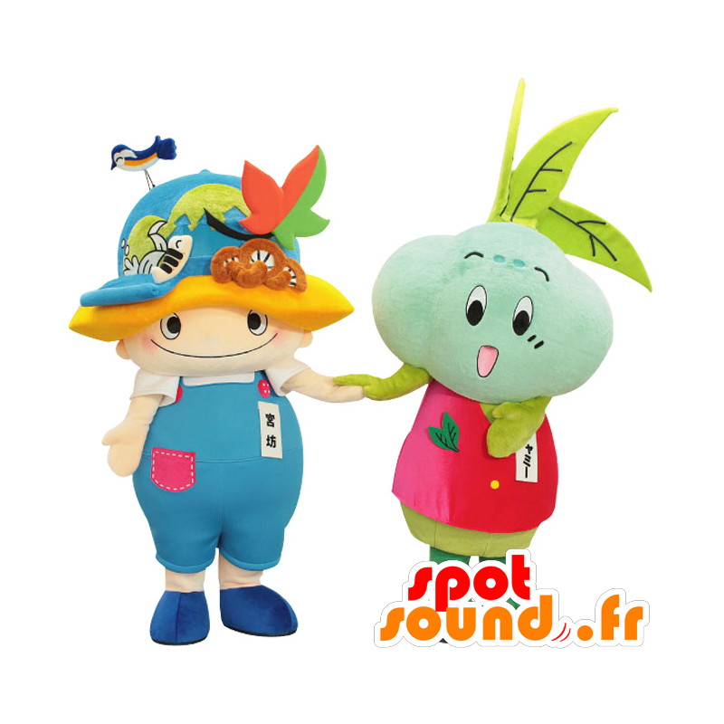 Chami och Miyabo maskotar. 2 maskotar, ett barn och en grönsak