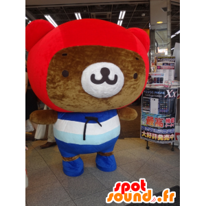 Big teddy bear mascot brown, red and blue - MASFR28371 - Yuru-Chara Japanese mascots