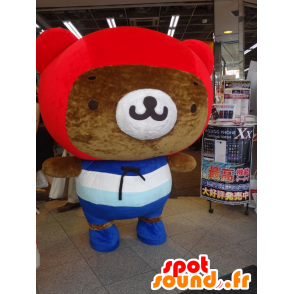 Mascotte de gros nounours marron, rouge et bleu - MASFR28371 - Mascottes Yuru-Chara Japonaises