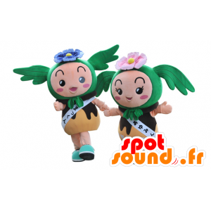 2 maskotar av bruna och gröna snögubbar med vingar - Spotsound