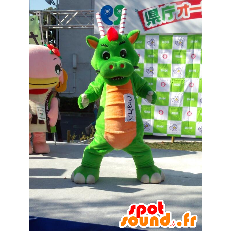 Groene draak mascotte, oranje en rode reus - MASFR28403 - Yuru-Chara Japanse Mascottes