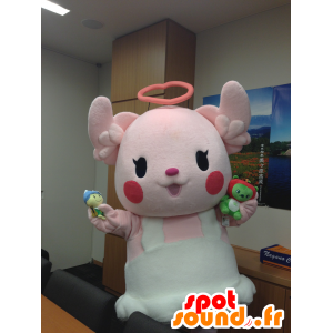 ροζ και λευκό μασκότ αρκουδάκι με ένα φωτοστέφανο - MASFR28405 - Yuru-Χαρά ιαπωνική Μασκότ