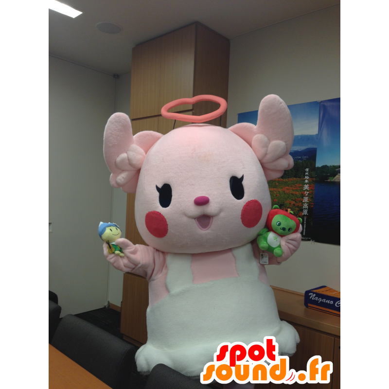 Roze en witte teddybeer mascotte met een halo - MASFR28405 - Yuru-Chara Japanse Mascottes