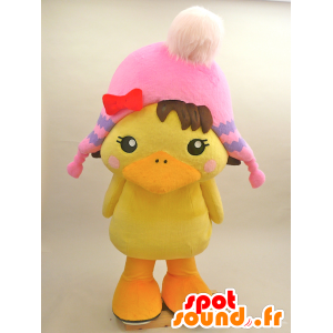 Maskot stor gul kylling med en rosa lue - MASFR28433 - Yuru-Chara japanske Mascots