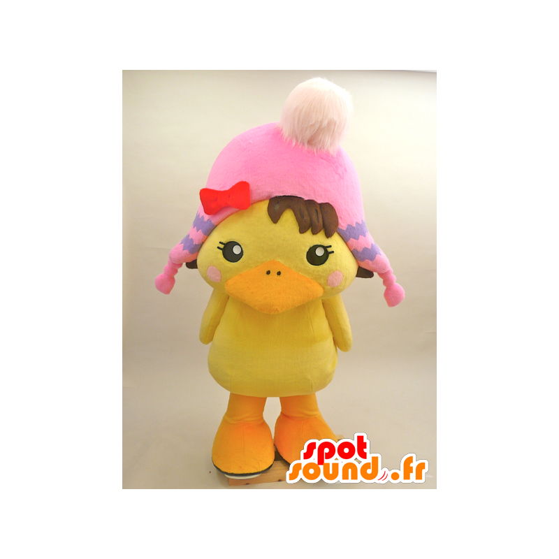 Mascot gran polluelo amarillo con un sombrero de color rosa - MASFR28433 - Yuru-Chara mascotas japonesas