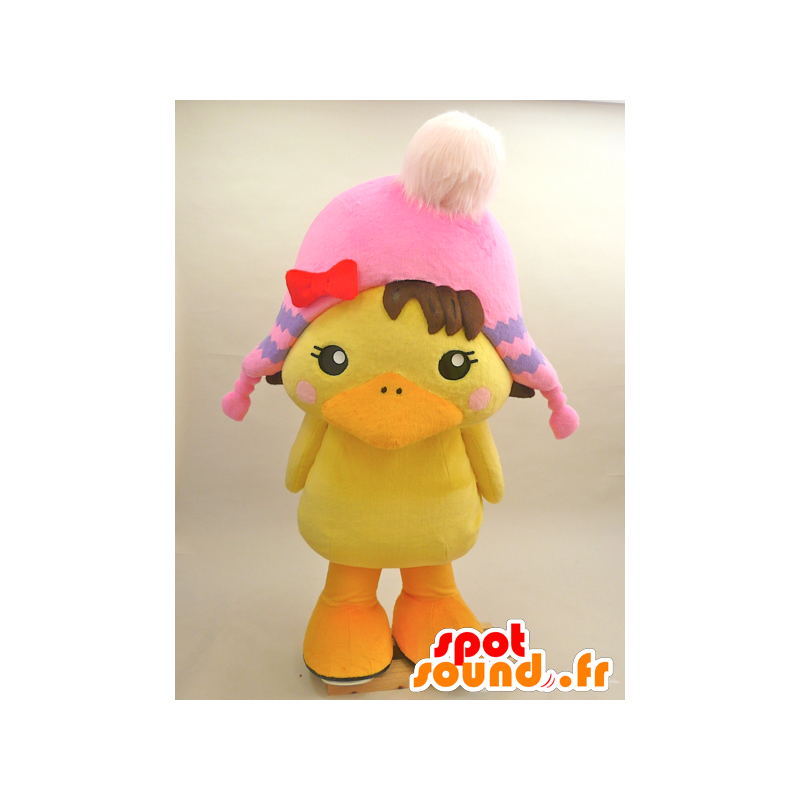 Mascotte de gros poussin jaune avec un bonnet rose - MASFR28433 - Mascottes Yuru-Chara Japonaises