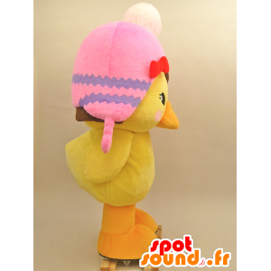 Mascot gran polluelo amarillo con un sombrero de color rosa - MASFR28433 - Yuru-Chara mascotas japonesas