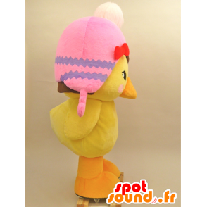 Mascotte de gros poussin jaune avec un bonnet rose - MASFR28433 - Mascottes Yuru-Chara Japonaises