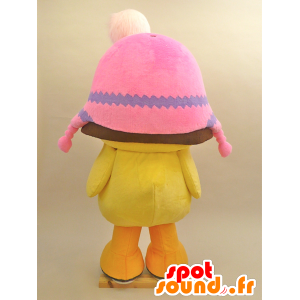 Mascot big yellow chick with a pink hat - MASFR28433 - Yuru-Chara Japanese mascots