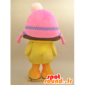Maskottchen großes gelbes Küken mit einem rosa Hut - MASFR28433 - Yuru-Chara japanischen Maskottchen