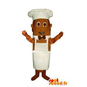 Brun og hvid kok maskot med sin kokkehue - Spotsound maskot