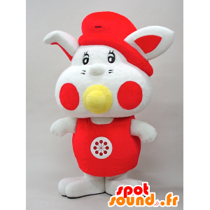 Mascotte de Yottan. Mascotte de bébé lapin blanc et rouge - MASFR28442 - Mascottes Yuru-Chara Japonaises