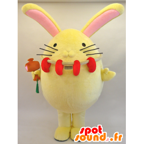 Mascotte de Enmaru. Mascotte de gros lapin jaune et rose - MASFR28446 - Mascottes Yuru-Chara Japonaises