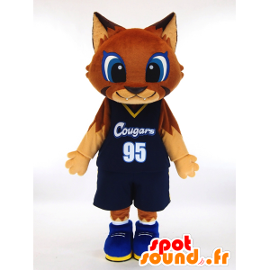 クウマスコット。バスケットボールの衣装を着た茶色の猫のマスコット-MASFR28449-日本のゆるキャラのマスコット