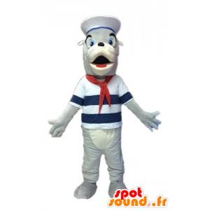 Grå og hvid søløve maskot, klædt ud som en sømand - Spotsound