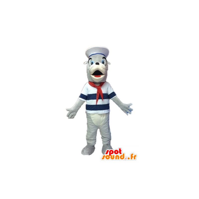 Mascotte grigio e bianco leone marino, vestito di marinaio - MASFR028527 - Sigillo di mascotte