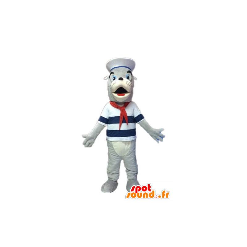 Mascot grijze en witte zeeleeuw, gekleed in sailor - MASFR028527 - mascottes Seal