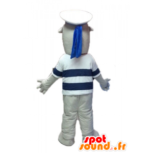 Grå och vit maskot för sjölejon, klädd som en sjöman -