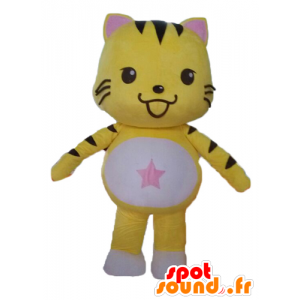 Mascotte de chat jaune, noir et blanc. Mascotte de chaton - MASFR028588 - Mascottes de chat