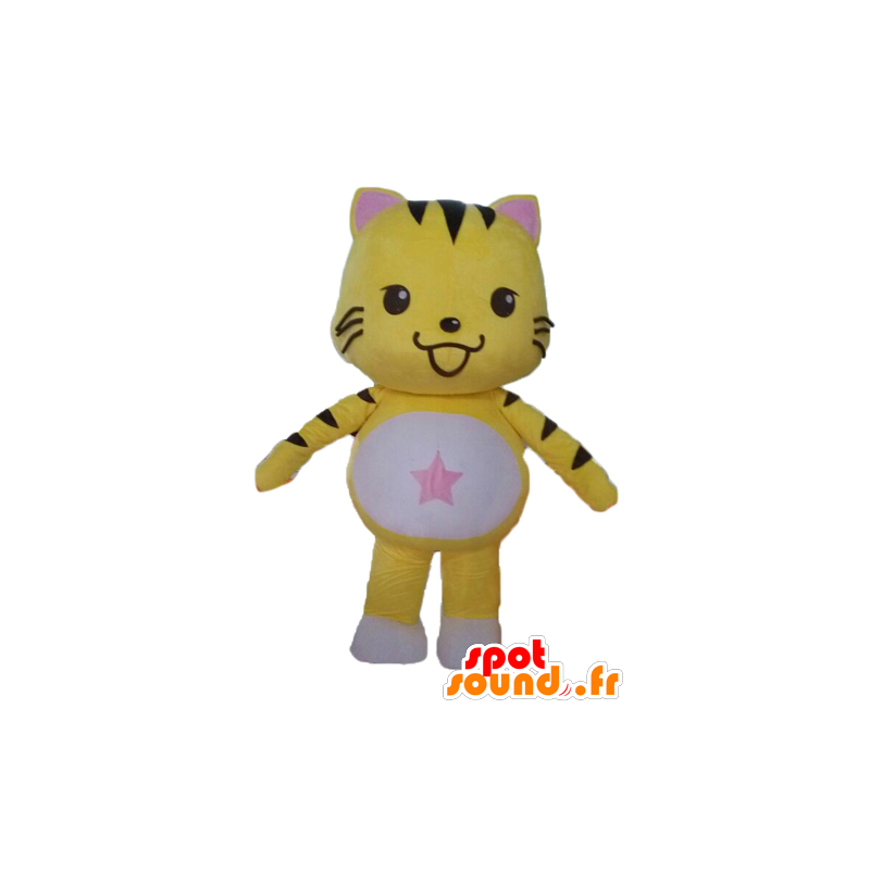 Mascotte de chat jaune, noir et blanc. Mascotte de chaton - MASFR028588 - Mascottes de chat