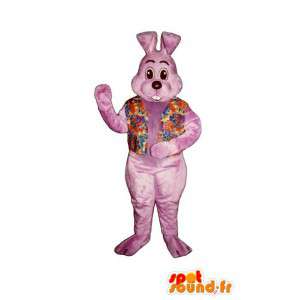 Mascotte de lapin rose avec un gilet à fleurs - MASFR007110 - Mascotte de lapins