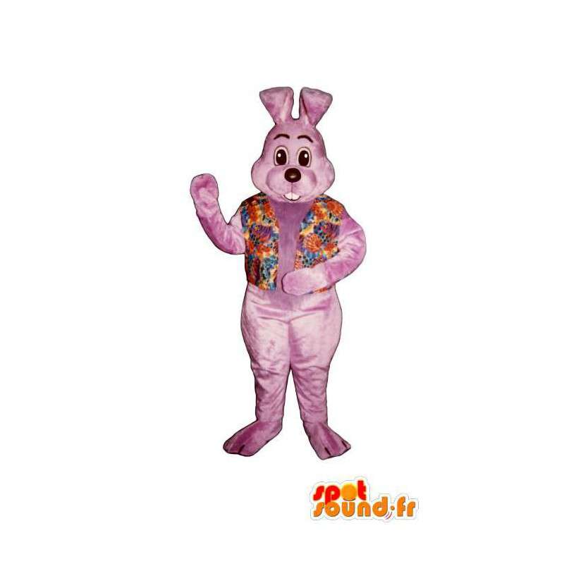 花柄のベストが付いたピンクのウサギのマスコット-MASFR007110-ウサギのマスコット