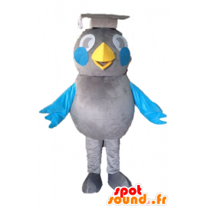 Mascotte d'oiseau gris et bleu. Mascotte de diplômé - MASFR028595 - Mascotte d'oiseaux