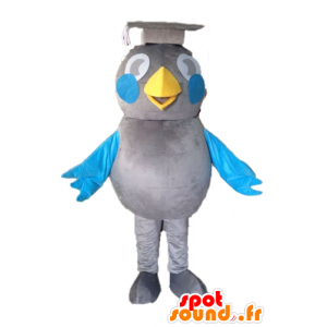 Mascot grijze en blauwe vogel. Mascot graduate
