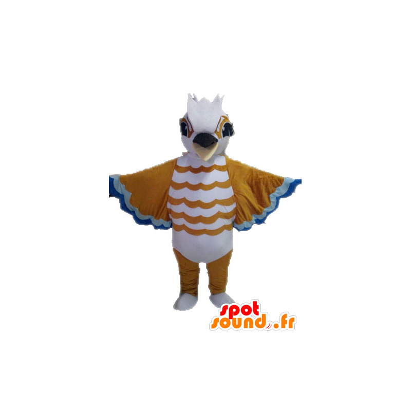Brun, hvid og blå fuglemaskot - Spotsound maskot kostume
