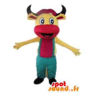 Gul og rosa ku maskot med kjeledress - MASFR028626 - Cow Maskoter