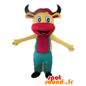 Mascotte de vache jaune et rose avec une salopette - MASFR028626 - Mascottes Vache