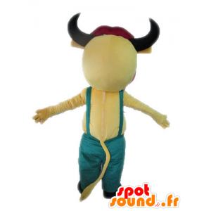 Gelb und rosa Kuh-Maskottchen mit Overalls - MASFR028626 - Maskottchen Kuh