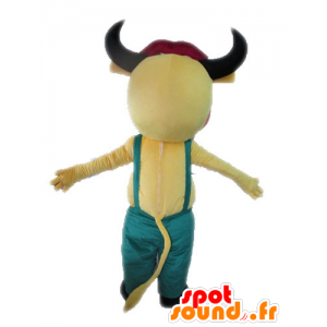 Yellow and pink cow mascot with overalls - MASFR028626 - Mascot cow