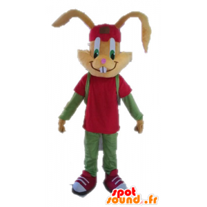 Braunes Kaninchen Maskottchen in rot gekleidet und grün - MASFR028629 - Hase Maskottchen