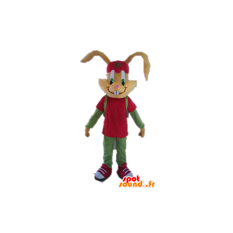 Mascota conejo marrón vestido de rojo y verde - MASFR028629 - Mascota de conejo