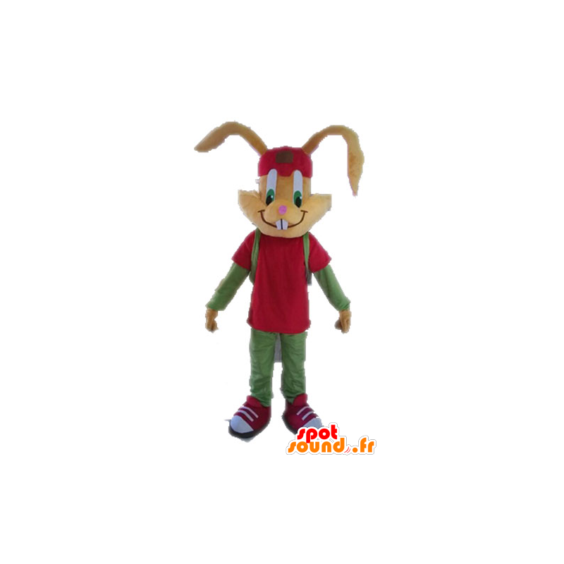 Mascotte de lapin marron habillé en rouge et vert - MASFR028629 - Mascotte de lapins