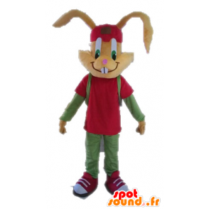 Marrone coniglio mascotte vestita di rosso e verde - MASFR028629 - Mascotte coniglio