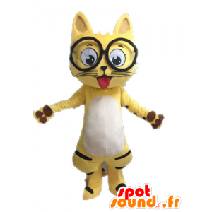 Gul kat maskot, sort og hvid, med briller - Spotsound maskot