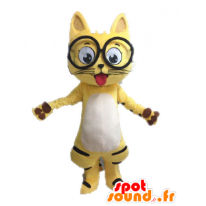 Mascote gato amarelo, preto e branco, com óculos - MASFR028632 - Mascotes gato