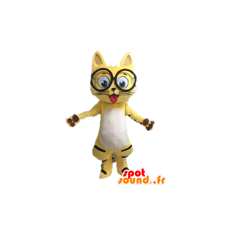 Mascotte de chat jaune, noir et blanc, avec des lunettes - MASFR028632 - Mascottes de chat