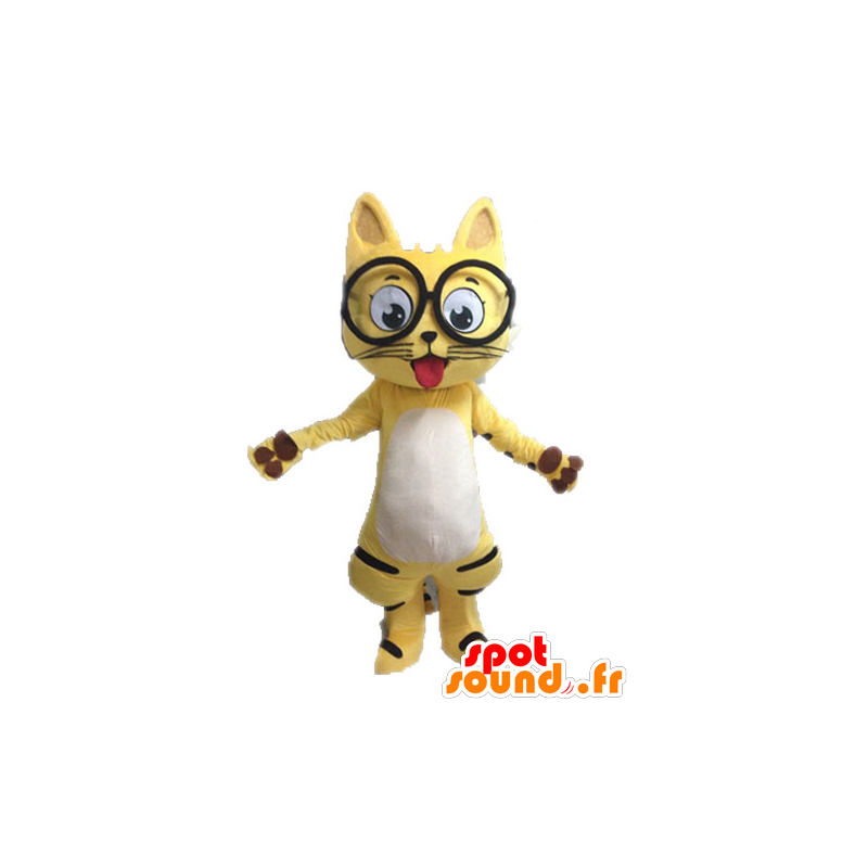 Gul kat maskot, sort og hvid, med briller - Spotsound maskot