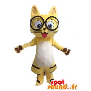 Mascotte de chat jaune, noir et blanc, avec des lunettes - MASFR028632 - Mascottes de chat