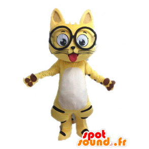 Yellow cat mascot, black and white, with glasses - MASFR028632 - Cat mascots