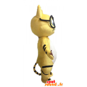 Mascotte de chat jaune, noir et blanc, avec des lunettes - MASFR028632 - Mascottes de chat