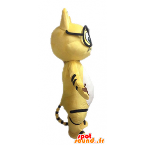 Mascotte de chat jaune, noir et blanc, avec des lunettes - MASFR028632 - Mascottes de chat