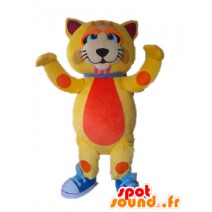 Mascotte de gros chat jaune et orange, mignon et coloré - MASFR028635 - Mascottes de chat